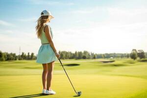 golfspeler spelen golf Aan de Cursus met blauw hemel.generatief ai. foto