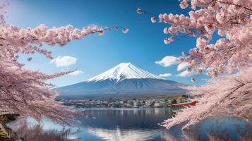 kers bloesems met fuji berg achtergrond.generatief ai. foto