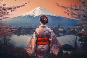 vrouw vervelend een kimono met kers bloesems en fuji berg.generatief ai. foto