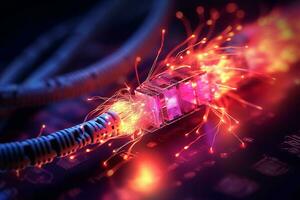 Verbinden internet met kleurrijk vezel optiek kabels.generatief ai. foto
