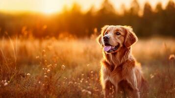 gouden retriever zittend Aan weide met zonsondergang.generatief ai. foto