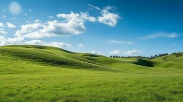 met gras begroeid heuvels met blauw hemel.generatief ai. foto