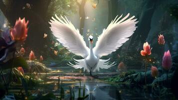 wit zwaan mooi Vleugels in fantasie bos.generatief ai. foto