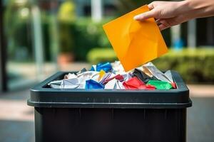 hand- het werpen verfrommeld papier in de recycling bin.generatief ai. foto