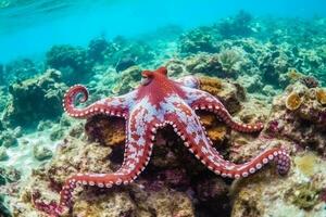 rood Octopus Aan koraal rif in de zee.generatief ai. foto