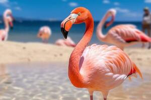 mooi flamingo's Aan de zanderig strand.generatief ai. foto