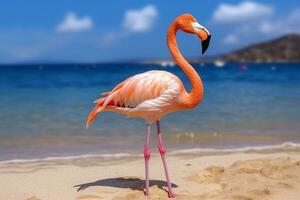 mooi flamingo's Aan de zanderig strand.generatief ai. foto