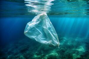 plastic zak onder in de zee.generatief ai. foto