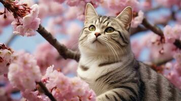 Amerikaans kort haar kat staand Aan kers bloesem tak.generatief ai. foto