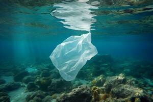 plastic zak onder in de zee.generatief ai. foto