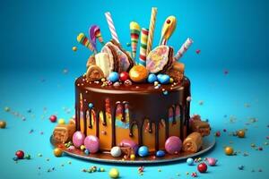 verjaardag chocola taart met suiker, wafeltje, gelei, Aan blauw achtergrond.generatief ai. foto