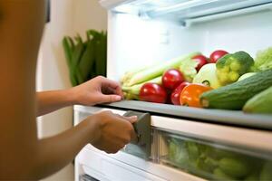 vrouw opening een koelkast vol van fruit en groenten.generatief ai. foto