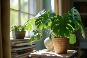 groen monstera planten en boeken Aan venster dorpel Bij huis.generatief ai. foto