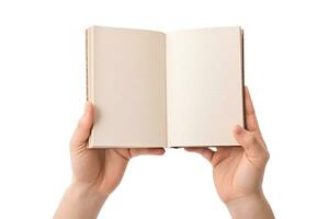 hand- Holding blanco boek Aan wit achtergrond.generatief ai. foto
