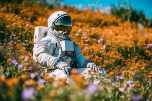 astronaut Aan veld- met kleurrijk bloem.generatief ai. foto