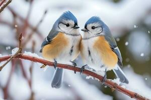 mees vogelstand Aan Afdeling met sneeuw winter.generatief ai. foto