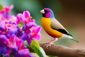 gouldian vink vogel of erythrura gouldiae met roze bloem.generatief ai. foto