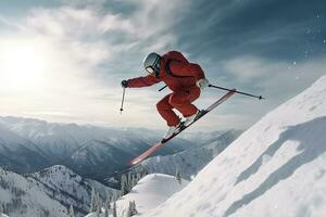 atleet skiër jumping door sneeuw berg foto