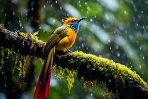 vogel Aan Afdeling met regenachtig in de Woud foto