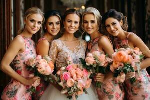 bruidsmeisjes in de achtergrond, met roze en wit bloemen foto