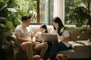 familie is op zoek Bij een laptop terwijl zittend Aan een sofa foto