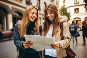 twee vrienden zijn op zoek Bij de kaart Aan de straat foto