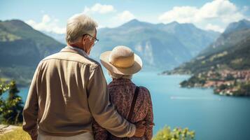 senior stel, bergen en meer visie achtergrond foto