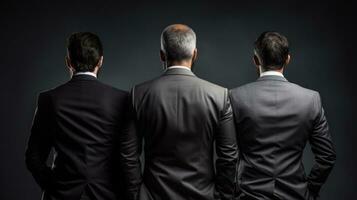 drie bedrijf mensen met hun ruggen draaide zich om tegen Aan grijs achtergrond. foto