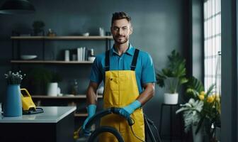 werken kantoor personeel met een schoonmaak in blauw uniformen. foto