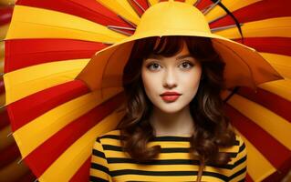 jong vrouw meisje Holding geel paraplu tegen een kleurrijk achtergrond foto