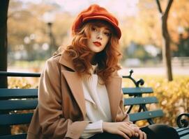 mooi vrouw is zittend Aan een bank in park in herfst seizoen foto