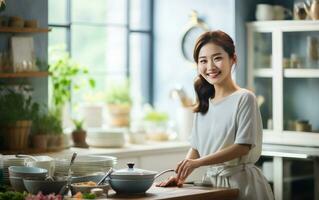 Aziatisch vrouw voorbereidingen treffen ontbijt in de keuken foto