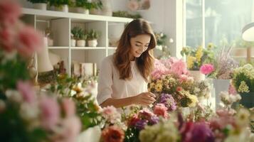 mooi meisje bloemist in bloem winkel foto