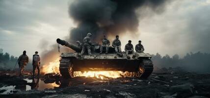 leger wit mannen Aan een verbrand tank foto