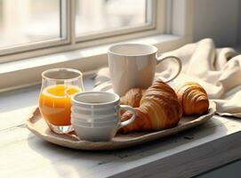 licht ontbijt achtergrond met croissants foto