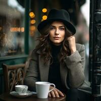 jong vrouw in straat cafe foto