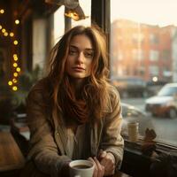 jong vrouw in straat cafe foto