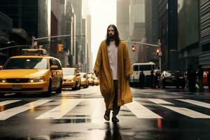 Jezus is staand in een zebrapad met een taxi foto