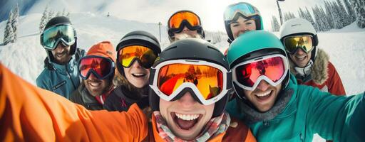 een groep van skiërs vervelend ski stofbril en handschoenen foto