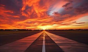 de zonsondergang met de luchthaven landingsbaan in de afstand foto