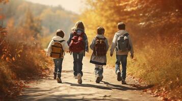 kinderen wandelen Aan een pad draag- rugzakken foto