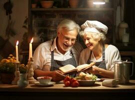 oud paar Koken Bij de keuken foto