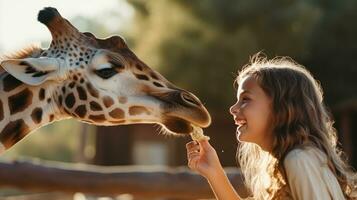 gelukkig jong vrouw feeds giraffe foto