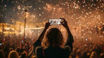 vuurwerk lichten gedurende concert festival in een nacht, in menigte foto