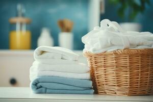 mand van schoon en handdoeken geplaatst in een wasserij kamer foto