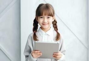 school- meisje Holding een tablet foto