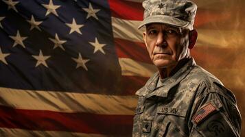 een ouderen mannetje soldaat in leger uniform staand in voorkant van een Amerikaans vlag foto