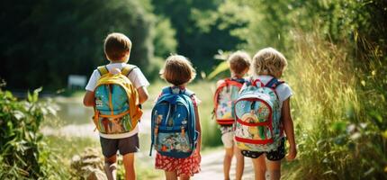 kinderen Holding rugzakken staand in voorkant van een straat foto