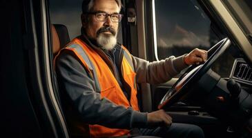 een vrachtauto bestuurder is het rijden een vrachtauto met een oranje hesje foto