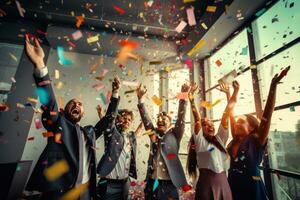 bedrijf mensen met confetti in de lucht vieren succes Bij werk foto